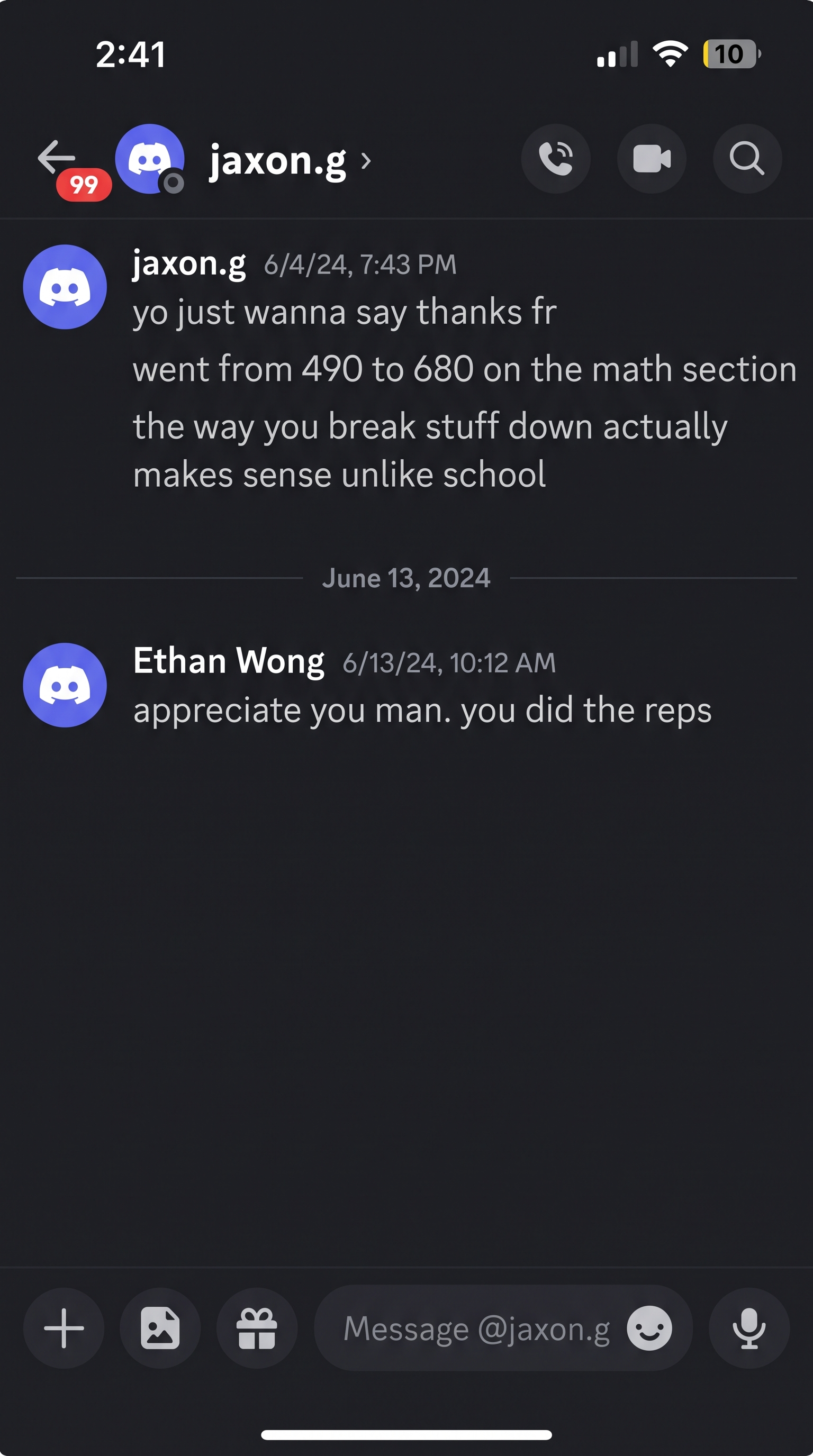 Discord message from a student thanking their tutor