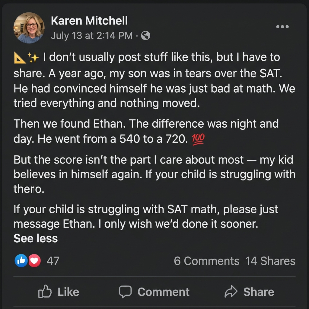 Facebook post from a parent about their child's SAT improvement